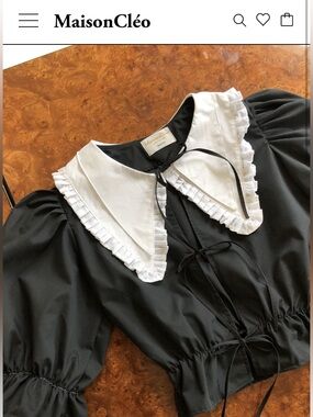 MaisonCléo Angele Black Puff-Sleeve Blouse with White Ruffle Collar- worn once